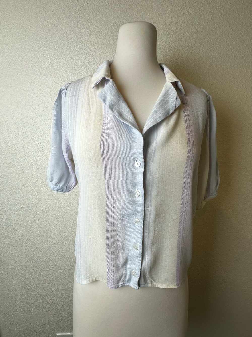 Pastel Striped Short-Sleeve Button Front Blouse - Light Blue & Cream